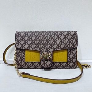 Anne‎ Klein  Brown Yellow Signature Monogram Wallet on Chain Crossbody Bag